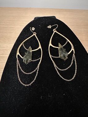 Alexis Bittar Vintage Gold Teardrop Dangle Earrings with Dark Green Stone